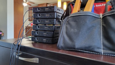 Tutorial - How to solder on a remote power button relay - six worker nodes, all done. Routing the wire out of the case turned out to be easy... just use the hole cut out for the VGA port!