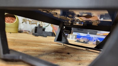 The models all had great fitment while testing things out at my desk but sometimes reality jumps in and surprises ya! When test fitting the 180* HDMI adapter on the larger screens, it looped so far under the display that it was hitting the support leg. No problem - just outline the area to be removed with a pencil and take Mr. Dremel to it. A word of warning - rotary tools grinding on PLA 3D prints usually means the material is going to melt due to the friction. That can be managed, but go slow!