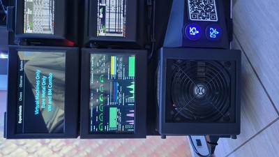 Closer look at the PSU and top/bottom touch screens. Notice the voltmeters on the 12v and 5v rails to be sure that we don't run low on power for the nodes (which would be almost impossible for a beefy power supply like this one!)