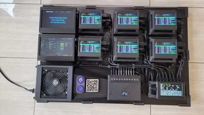A glamor shot of a completed initialization of the two VM lab with six running hypervisors and twelve VMs atop. Notice the done state on the right side of the LAB line.